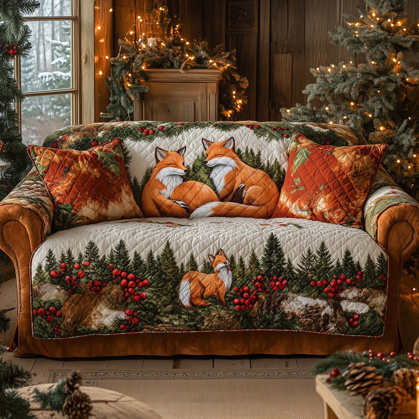 Fox Family Quilted Sofa Cover Christmas Couch Furniture Unusual Fox Gifts For Her Trendyhomewear - Pvr