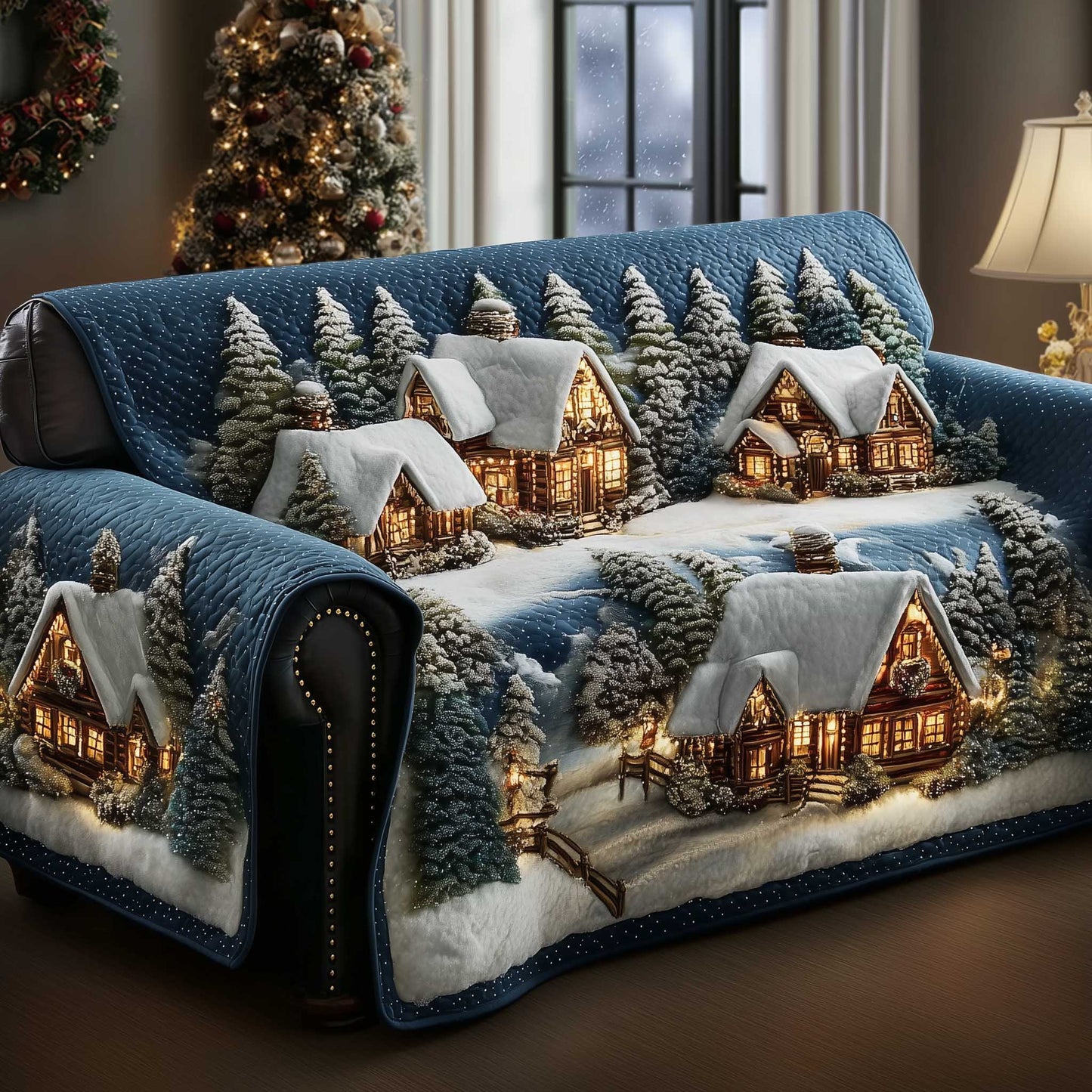 Townscape Frosted Quilted Sofa Cover Festive Sofa Furniture Snow Inspired Gifts For Xmas Trendyhomewear - Pvr