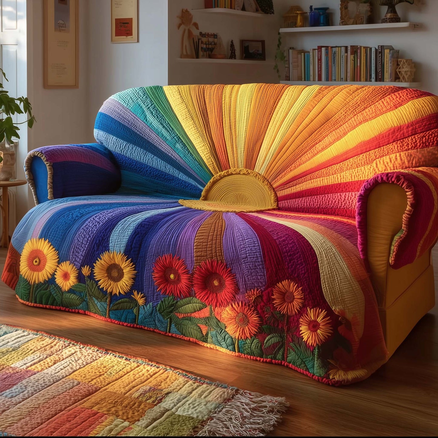 Sun Rainbow Light Quilted Sofa Cover Cozy Xmas Couch Furniture Unusual Sun Gifts Trendyhomewear - Pvr