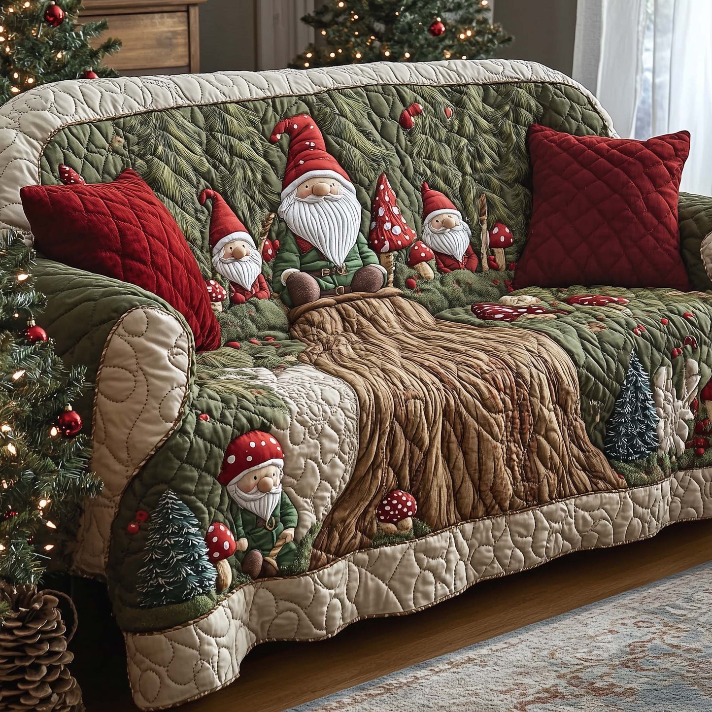 Gnome Tree Stump Quilted Sofa Cover Festive Xmas Couch Furniture Funny Gnome Inspired Gifts Trendyhomewear - Pvr
