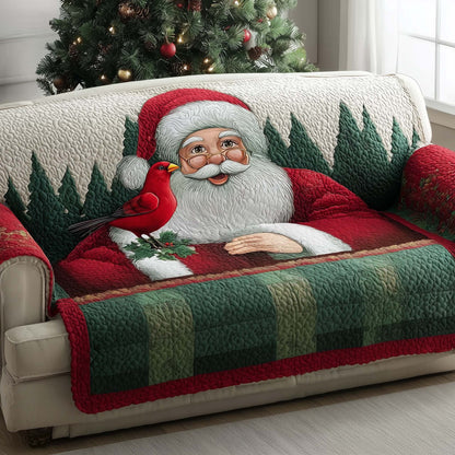 Santa With Cardinal Quilted Sofa Cover Festive Couch Furniture Novelty Cardinal Gift Items Trendyhomewear - Pvr