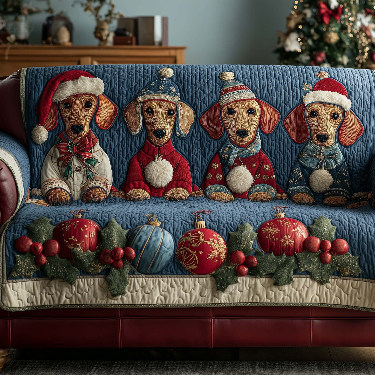 Santa Paws Dachshund Dog Quilted Sofa Cover Xmas Holiday Decor Gifts For Dachshund Owners Trendyhomewear - Pvr
