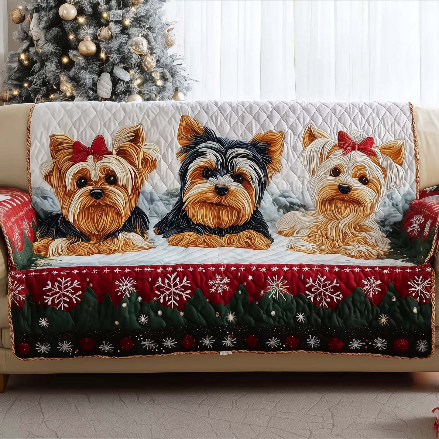 Yorkshire Terrier Family Quilted Sofa Cover Christmas Couch Protector Funny Terrier Gifts Trendyhomewear - Pvr