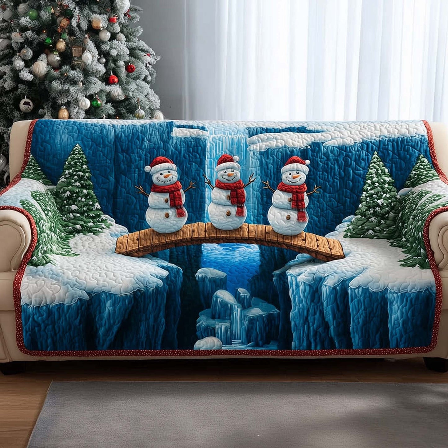 Snowman Winter Bridge Quilted Sofa Cover Festive Sofa Furniture Gifts For Snowman Lovers Trendyhomewear - Pvr