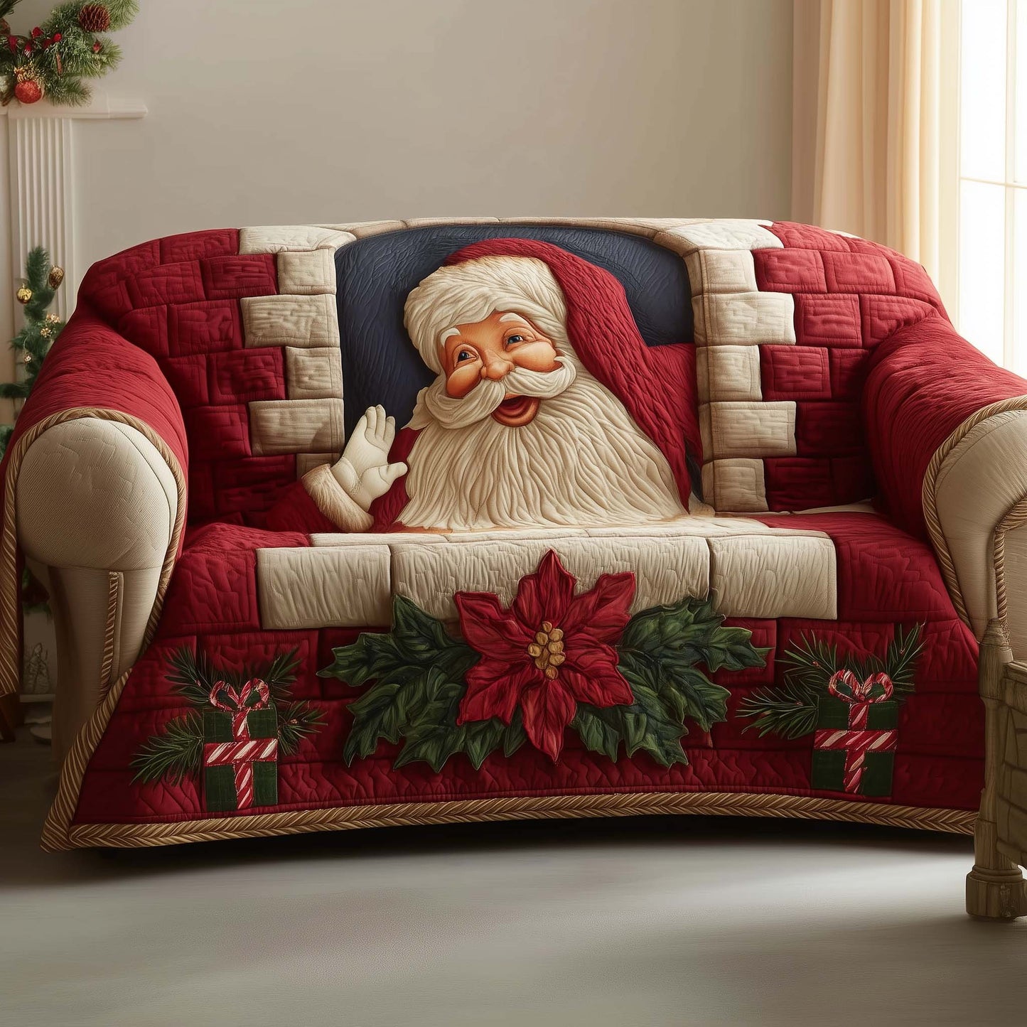 Santa Holiday Cheerful Quilted Sofa Cover Festive Xmas Couch Furniture Santa Themed Gifts Trendyhomewear - Pvr