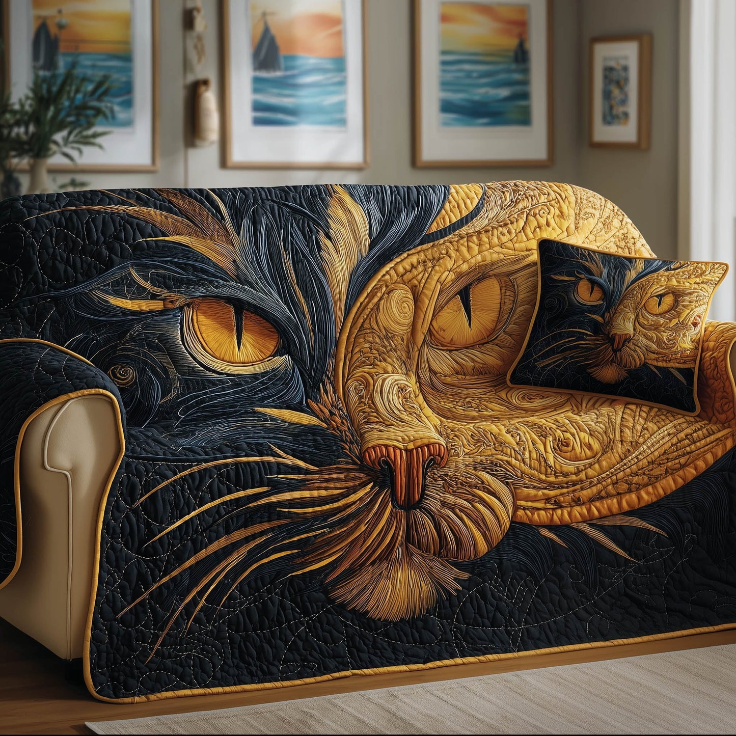 Cat Feline Fiber Art Quilted Sofa Cover Festive Couch Protector Cat Lover Presents Trendyhomewear - Pvr