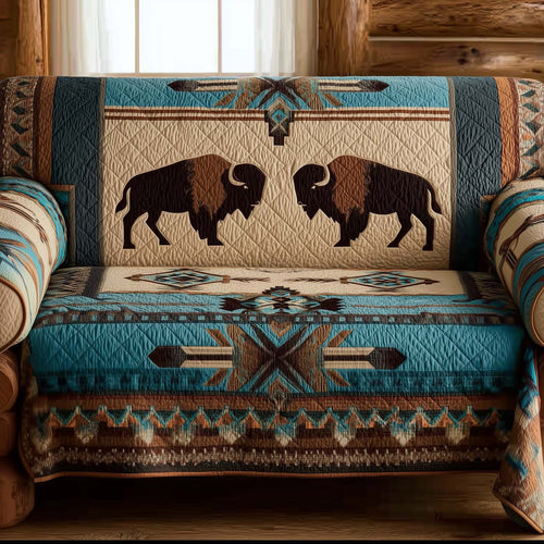 Tribal Bison Quilted Sofa Cover Festive Sofa Protector Unique Native America Bison Gifts Trendyhomewear - Pvr