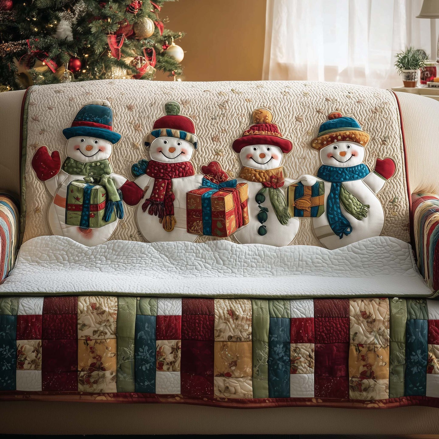 Snowman Scarf-Wearing Quilted Sofa Cover Festive Holiday Sofa Decor Snowman Gifts For Wife Trendyhomewear - Pvr