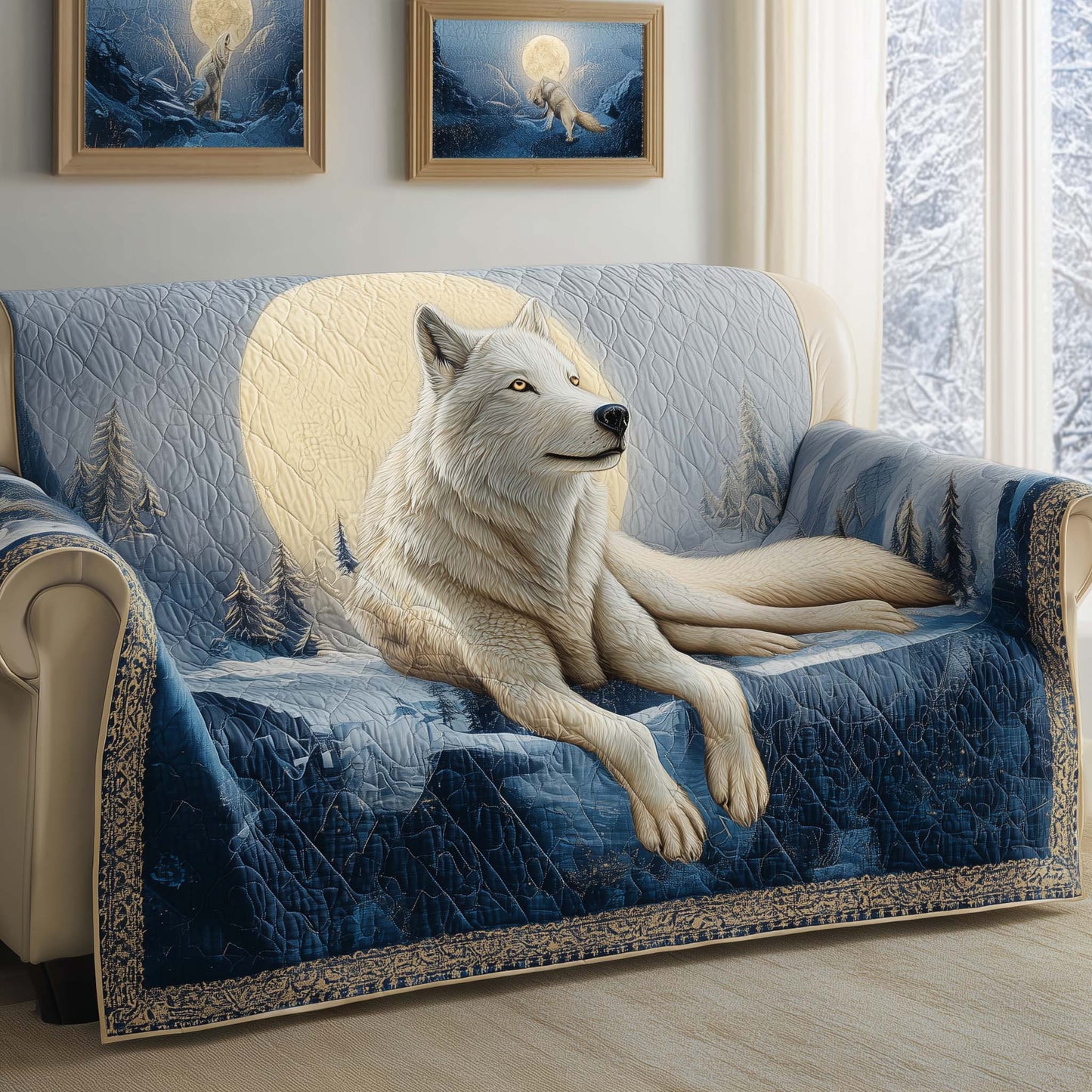 Wolf Winters Howl Quilted Sofa Cover Christmas Couch Protector Wolf Gift Items Merch Trendyhomewear - Pvr