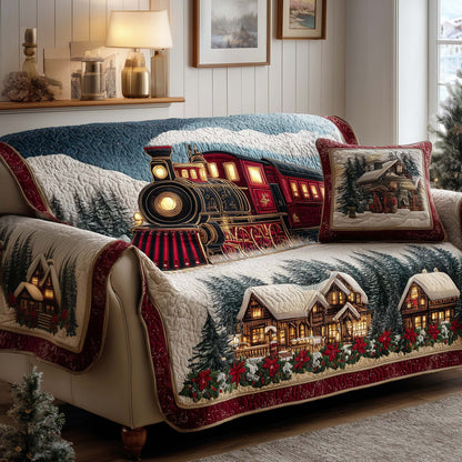 Winter Train Express Quilted Sofa Cover Festive Sofa Protector Holiday Train Inspired Gifts Trendyhomewear - Pvr