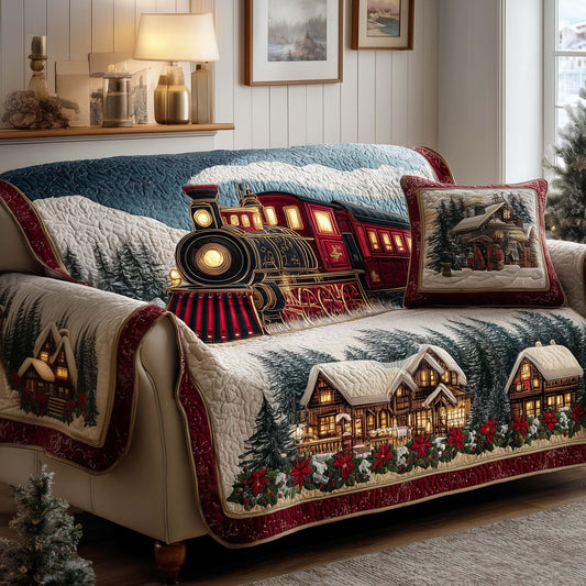 Winter Train Express Quilted Sofa Cover Festive Sofa Protector Holiday Train Inspired Gifts Trendyhomewear - Pvr