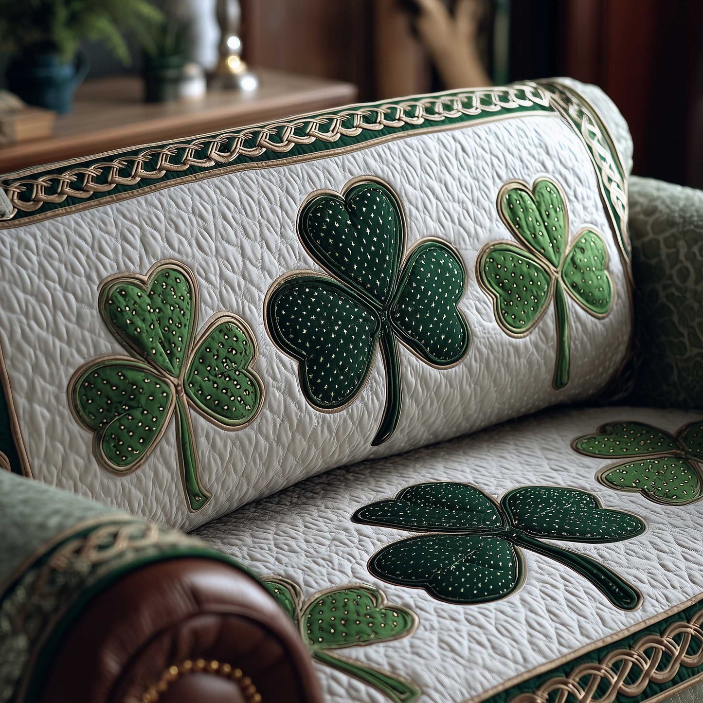 Irish Shamrock Quilted Sofa Cover St Patrick's Day Couch Protector Festive Ireland Gifts Trendyhomewear - Pvr