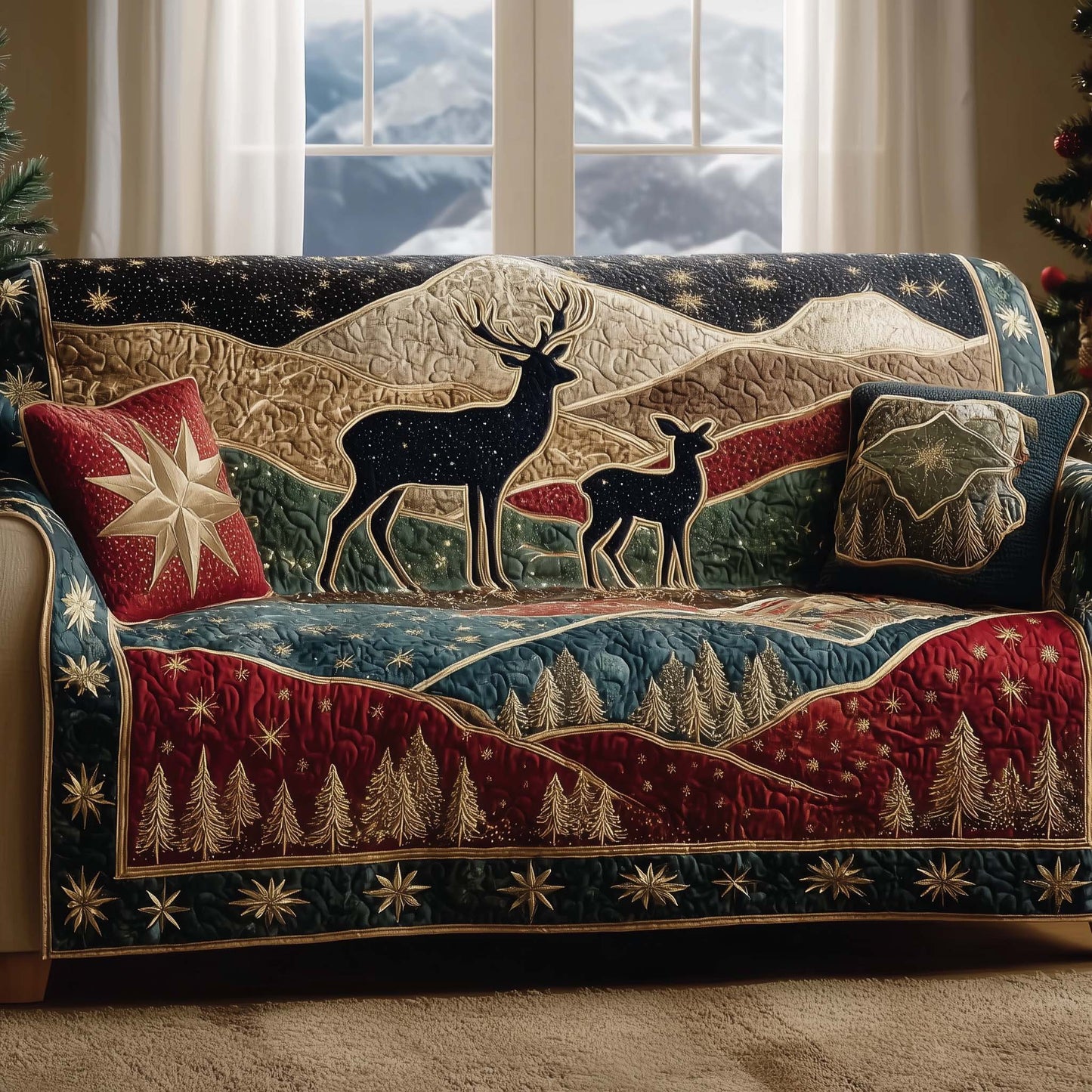 Reindeer Wilderness Quilted Sofa Cover Christmas Couch Furniture Unusual Reindeer Gifts Trendyhomewear - Pvr