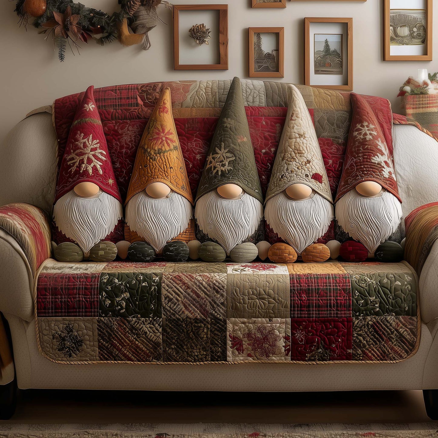 Gnome Beard Brigade Quilted Sofa Cover Festive Xmas Sofa Protector Gnome Related Gifts Trendyhomewear - Pvr