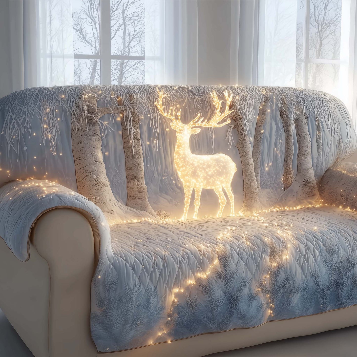 Reindeer Luminous Winter Quilted Sofa Cover Xmas Holiday Couch Protector Reindeer Presents Trendyhomewear - Pvr