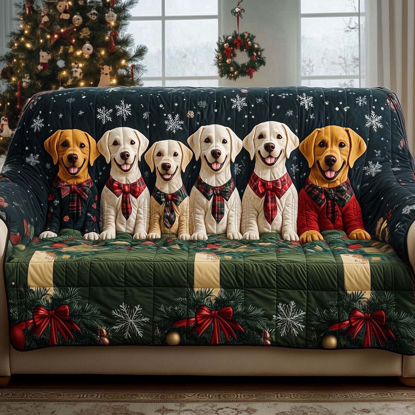 Xmas Puppies Quilted Sofa Cover Christmas Sofa Furniture Puppies Lover Gifts 2025 Trendyhomewear - Pvr