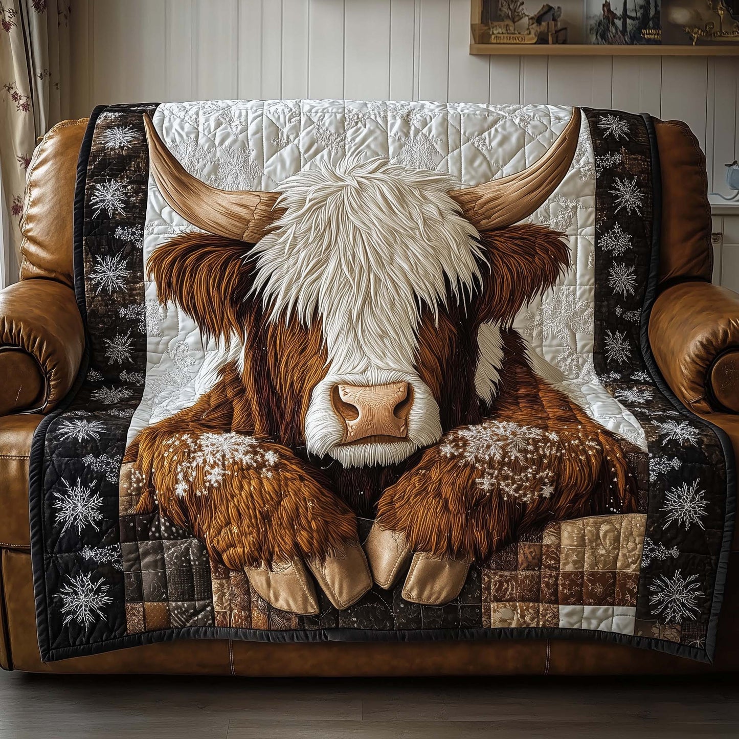 Snowy Highland Cow Quilted Sofa Cover Winter Holiday Sofa Protector Highland Cow Gifts Trendyhomewear - Pvr