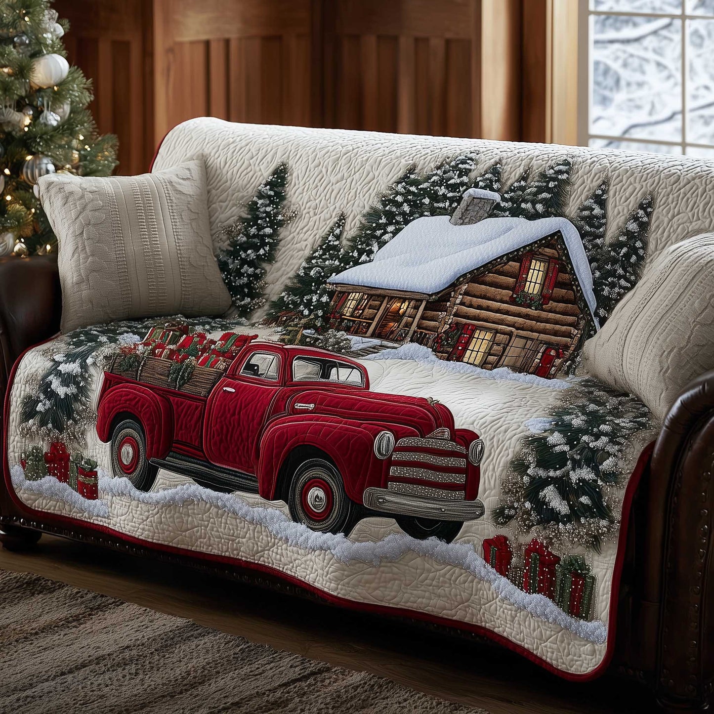 Truck Christmas Wonderland Quilted Sofa Cover Xmas Couch Protector Cool Truck Driver Gifts Trendyhomewear - Pvr