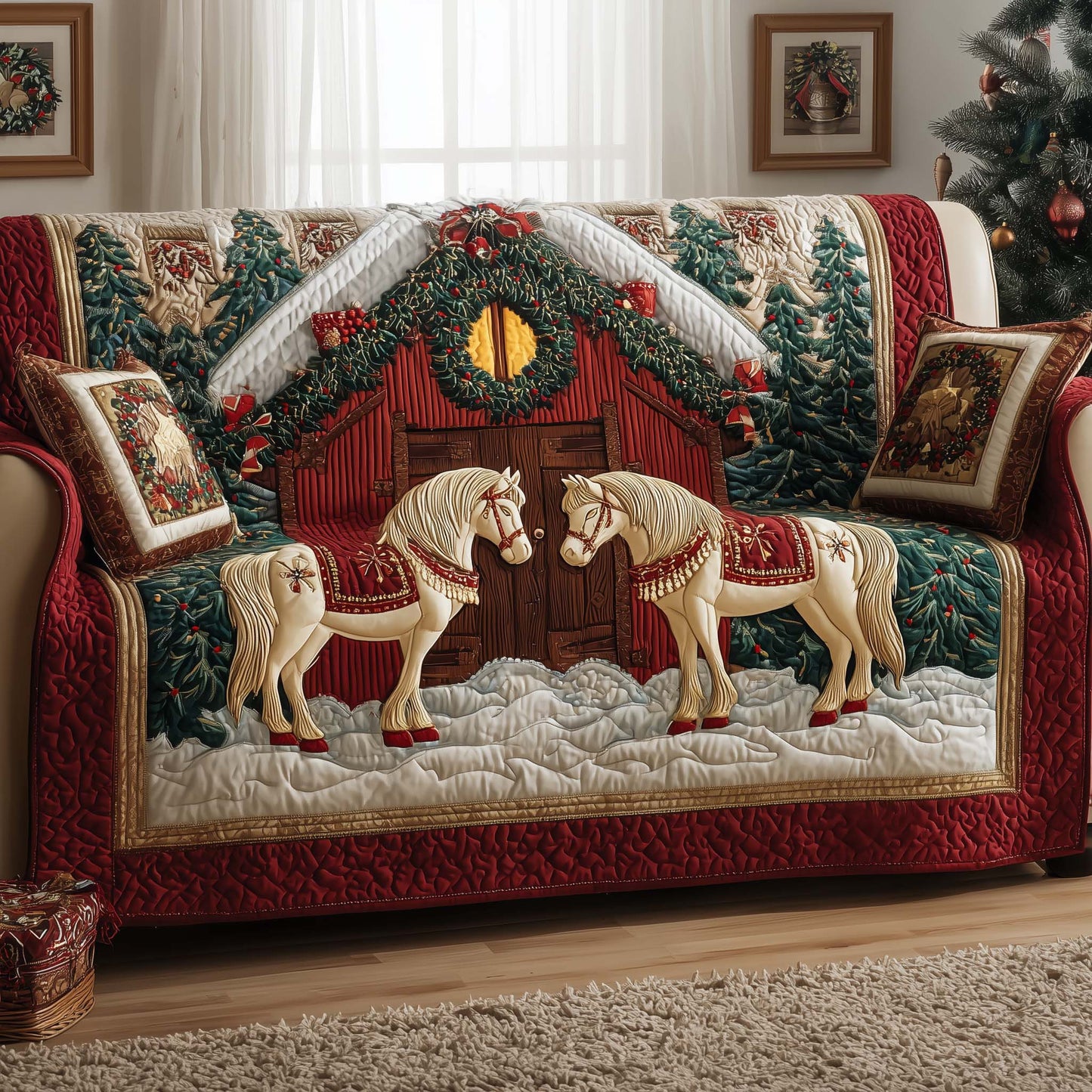 Yuletide Horse Quilted Sofa Cover Lovely Xmas Sofa Furniture Horse Gifts For Sister Trendyhomewear - Pvr
