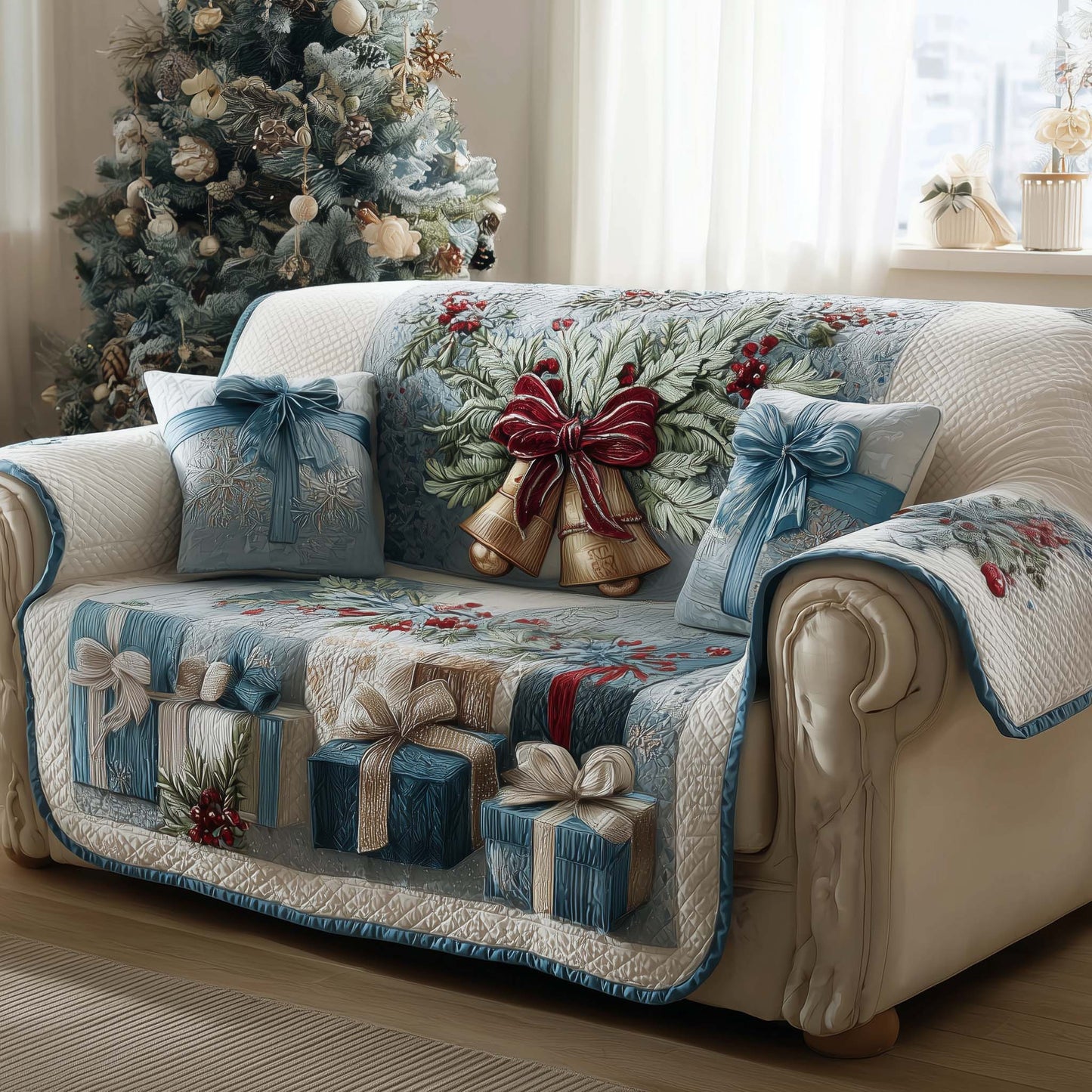 Bell And Gifts Holiday Quilted Sofa Cover Best Couch Furniture Christmas Present For Wife Trendyhomewear - Pvr