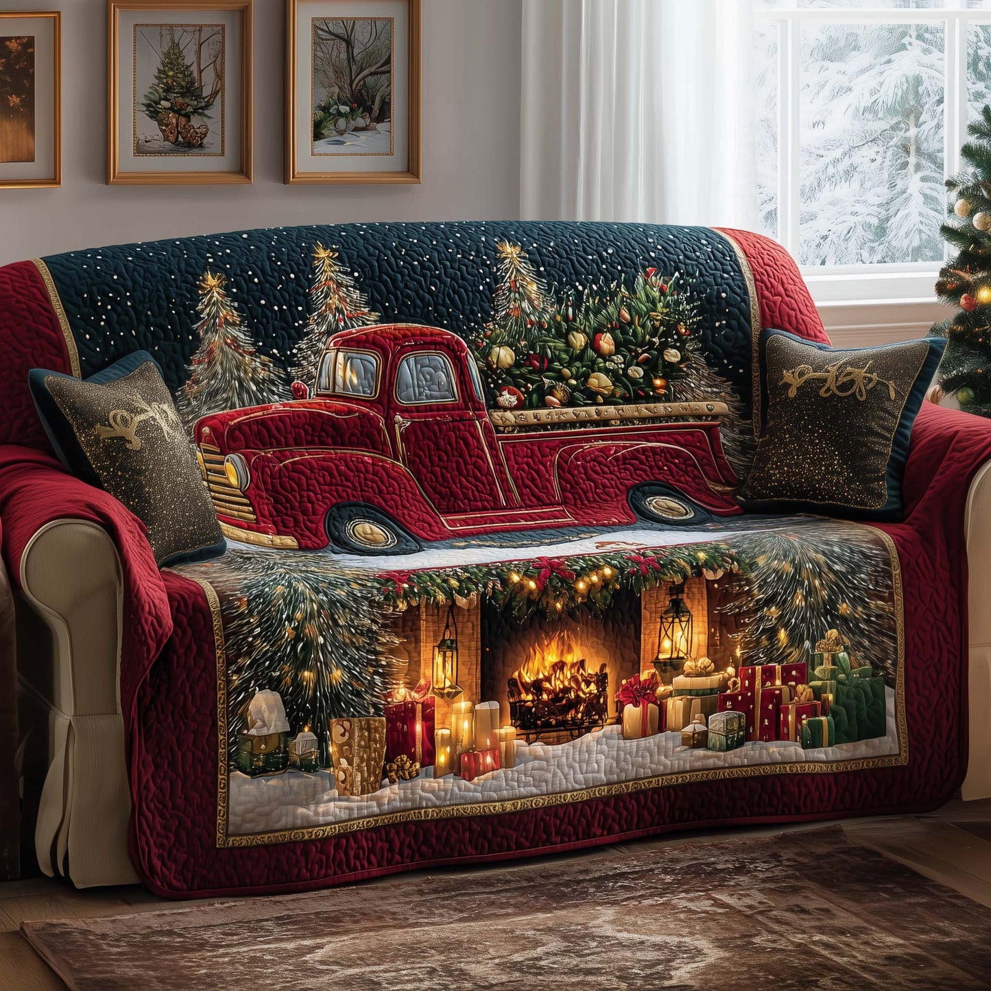 Truck And Fireplace Quilted Sofa Cover Xmas Sofa Decor Novelty Cozy Truck Gifts For Grandpa Trendyhomewear - Pvr