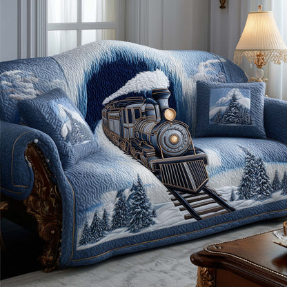 Blue Winter Train Art Quilted Sofa Cover Christmas Couch Furniture Present For Train Lovers Trendyhomewear - Pvr