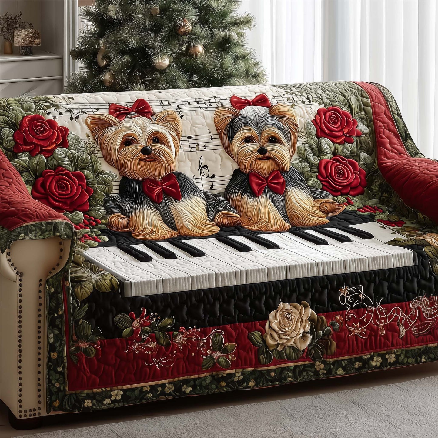 Yorkshire Terrier Song Quilted Sofa Cover Festive Couch Decor Unusual Yorkshire Gift Items Trendyhomewear - Pvr