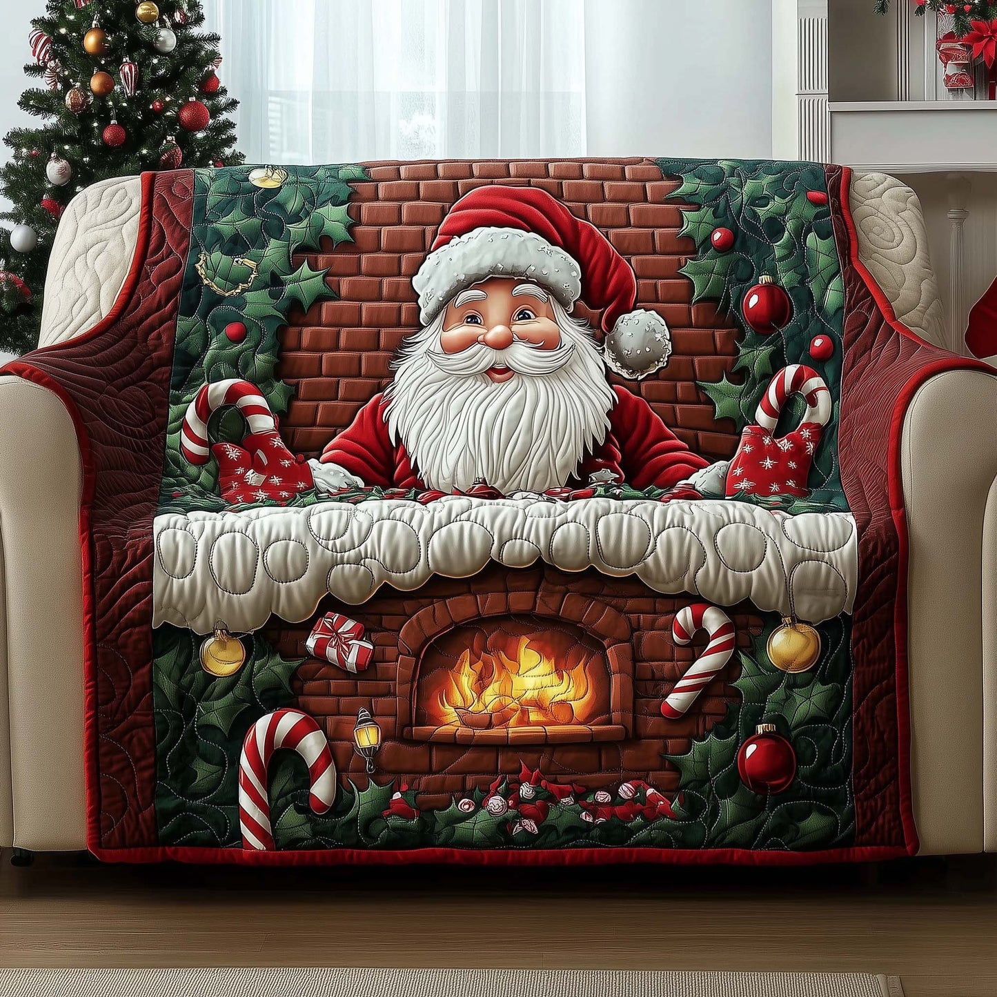 Santa And Fireplace Quilted Sofa Cover Festive Couch Furniture Cozy Xmas Santa Gift Decor Trendyhomewear - Pvr