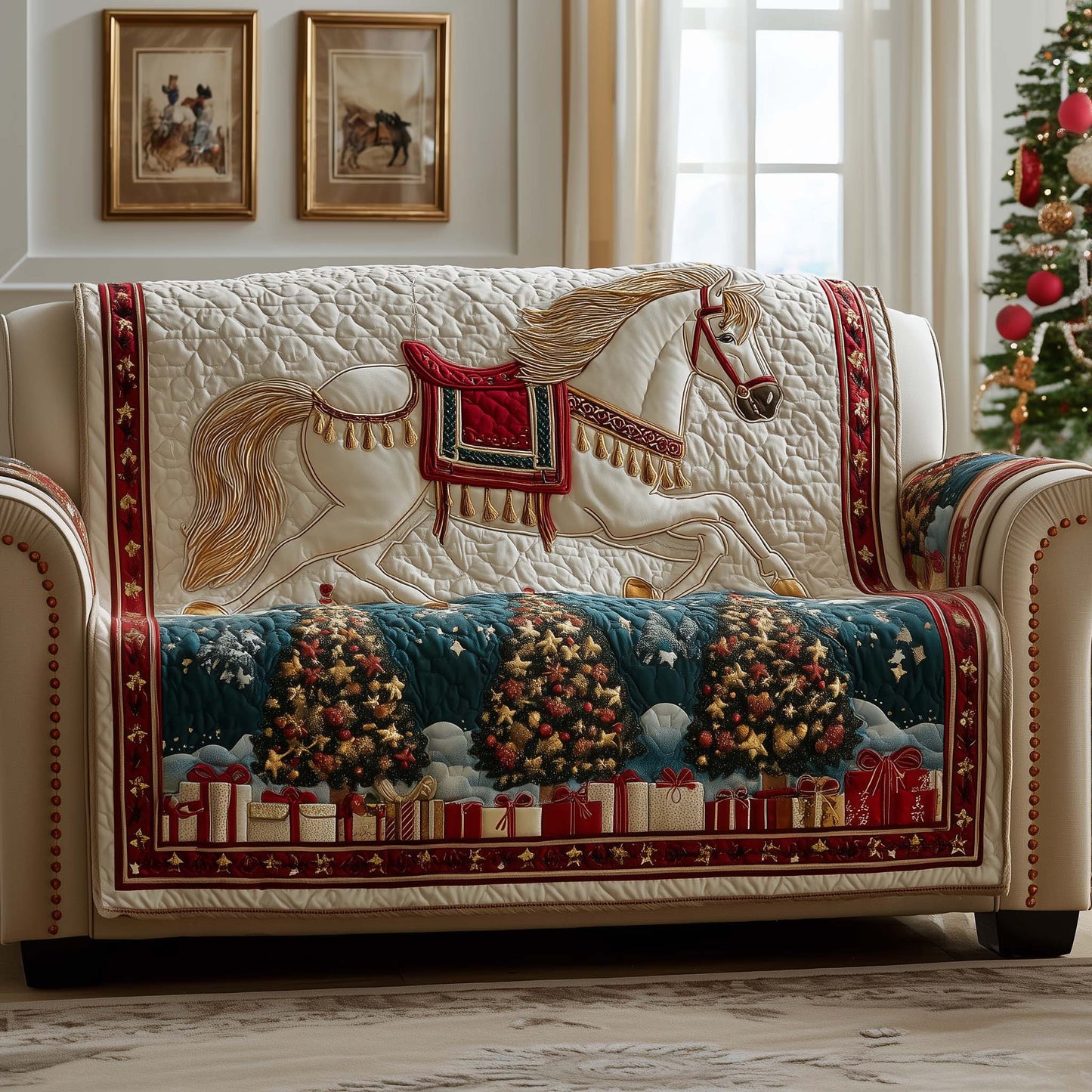 Horse Holiday Rocking Quilted Sofa Cover Festive Xmas Couch Furniture Horse Related Gifts Trendyhomewear - Pvr