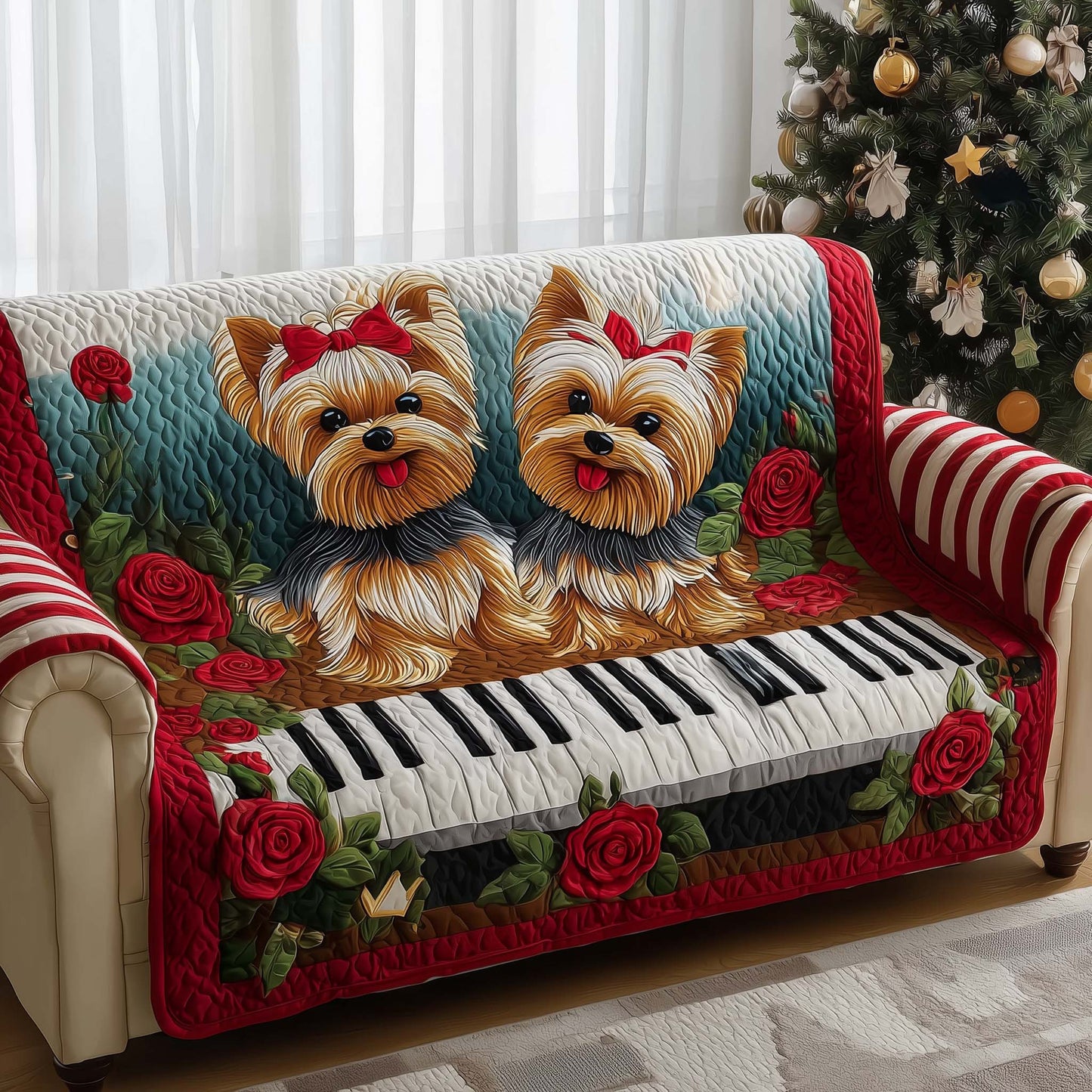 Yorkshire Terrier Piano Key Quilted Sofa Cover Festive Sofa Decor Yorkshire Terrier Gifts Trendyhomewear - Pvr