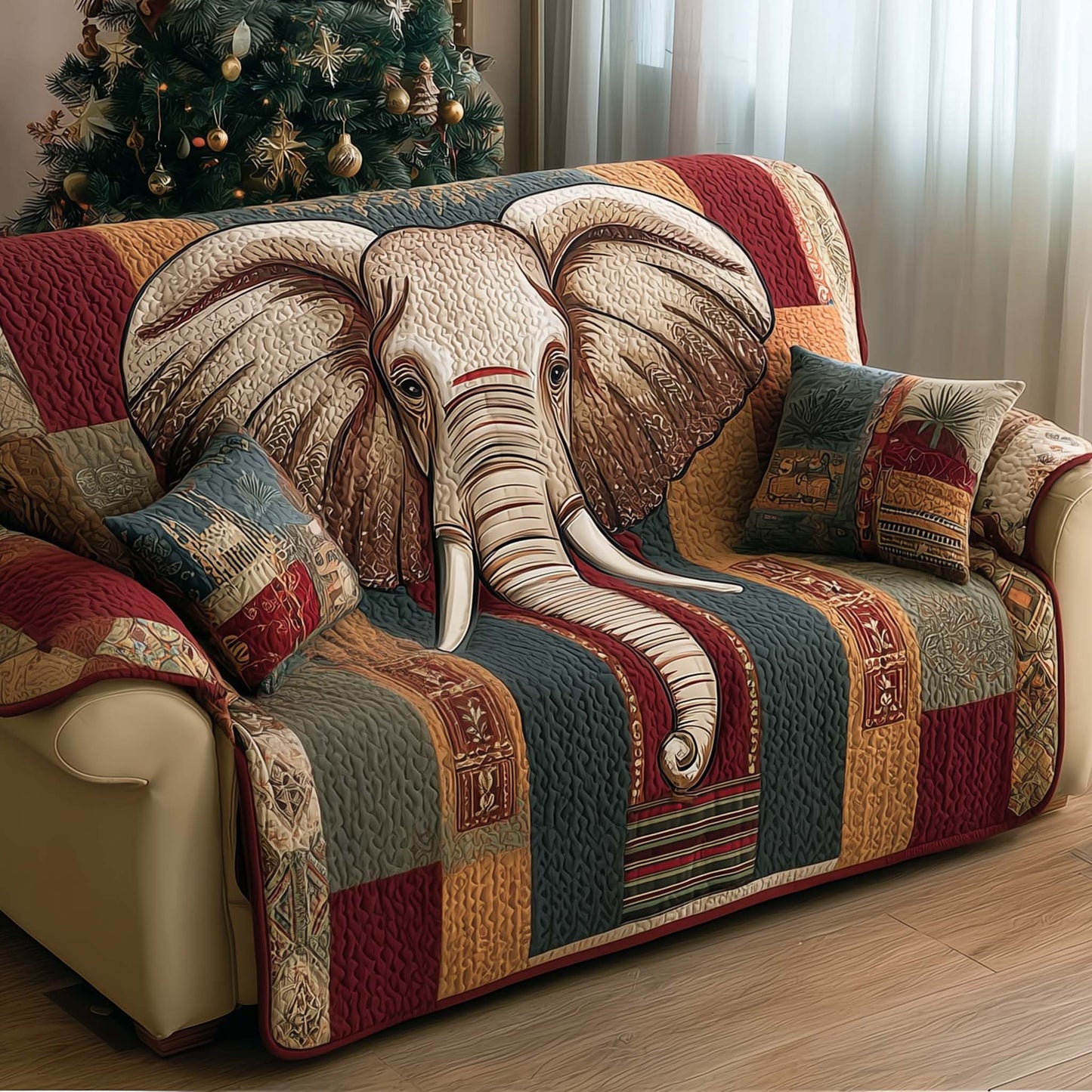 Elephant Earth Tones Quilted Sofa Cover Holiday Couch Cushion Awesome Elephant Gifts Trendyhomewear - Pvr