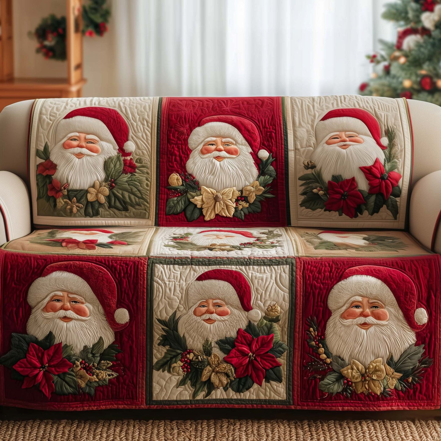 Santa Patchwork Grid Quilted Sofa Cover Christmas Couch Protector Lovely Santa Gifts Trendyhomewear - Pvr