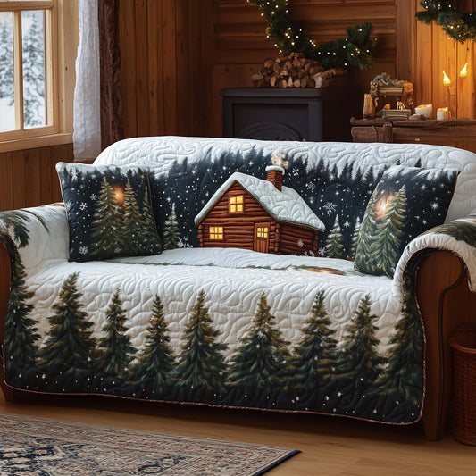 Cabin Snowy Night Quilted Sofa Cover Christmas Couch Protector Unique Cabin Gift Items Trendyhomewear - Pvr