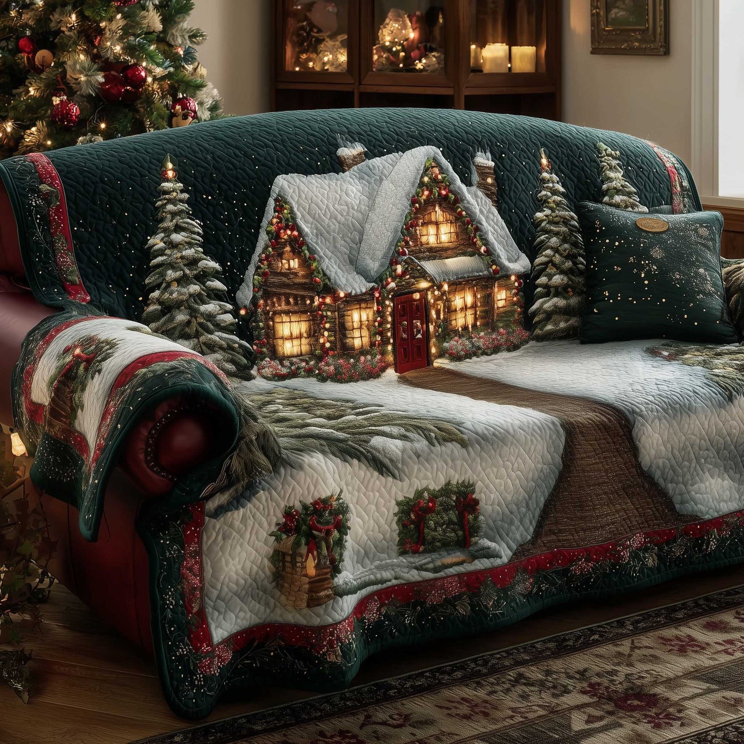 Winter Woodhouse Quilted Sofa Cover Xmas Sofa Protector Cozy Woodhouse Themed Gifts Trendyhomewear - Pvr