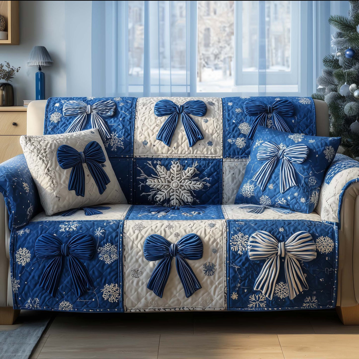 Snowflake Merry Xmas Bow Quilted Sofa Cover Christmas Couch Protector Cute Xmas Bow Gifts Trendyhomewear - Pvr