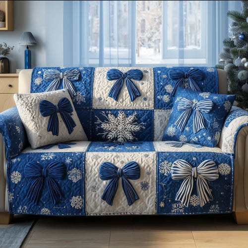 Snowflake Merry Xmas Bow Quilted Sofa Cover Christmas Couch Protector Cute Xmas Bow Gifts Trendyhomewear - Pvr