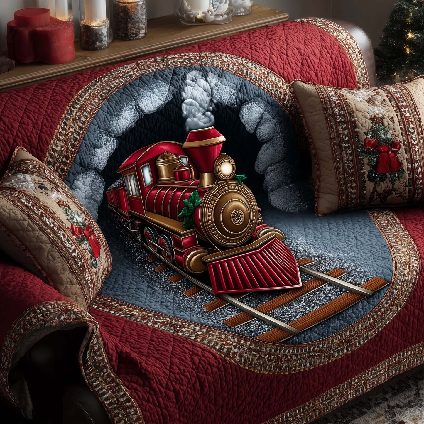 Train Yuletide Express Quilted Sofa Cover Xmas Holiday Sofa Protector Train Themed Gifts Trendyhomewear - Pvr
