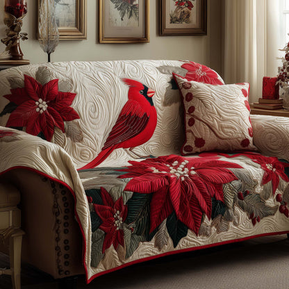 Cardinal Poinsettia Quilted Sofa Cover Christmas Floral Couch Protector Cardinal Gifts Trendyhomewear - Pvr