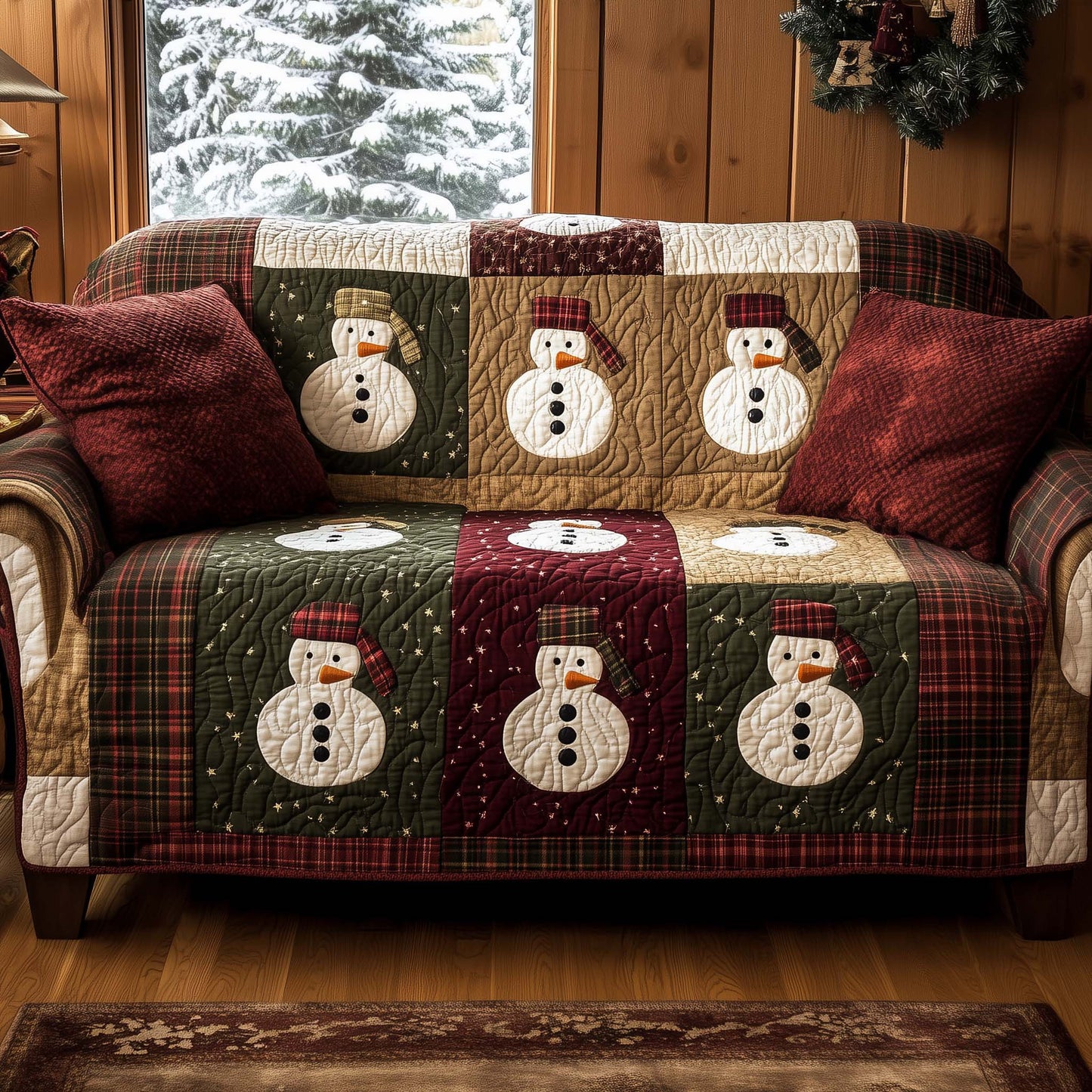 Snowman Plaid Winter Quilted Sofa Cover Festive Christmas Couch Protector Snowman Gifts Trendyhomewear - Pvr