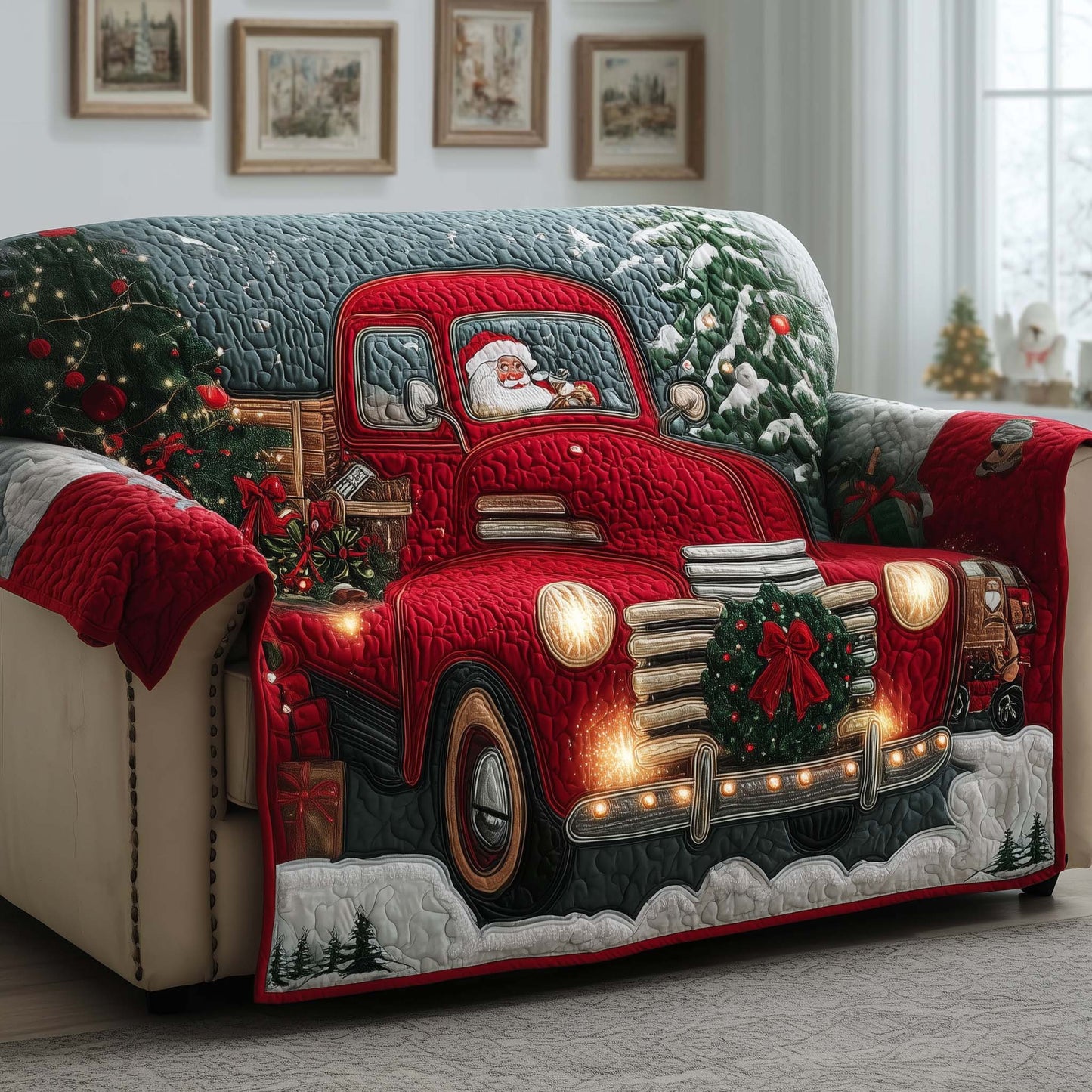 Santa Driving Festive Truck Quilted Sofa Cover Christmas Couch Decor Truck Enthusiast Gifts Trendyhomewear - Pvr
