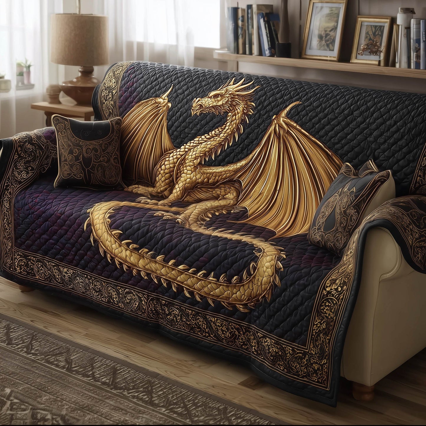 Dragon The Keeper Quilted Sofa Cover Xmas Couch Protector Dragon Novelty Gifts For Him Trendyhomewear - Pvr