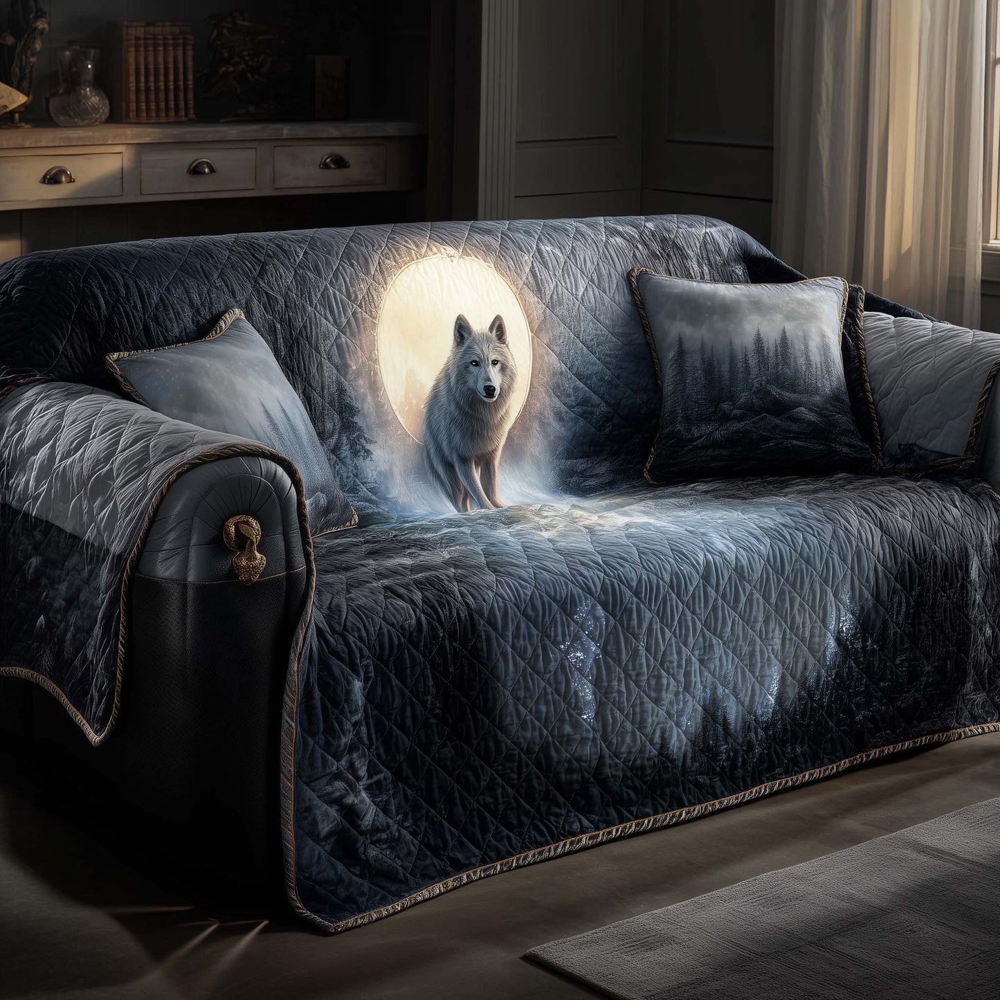 Wolf Lunar Comfort Quilted Sofa Cover Christmas Couch Furniture Wolf Inspired Gift Decor Trendyhomewear - Pvr