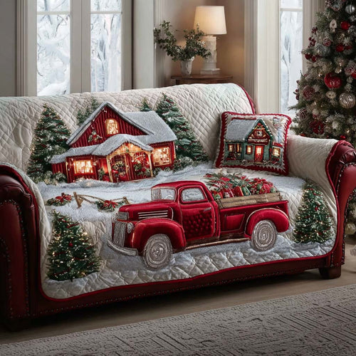 Truck Frosted Journey Quilted Sofa Cover Christmas Couch Protector Truck Gifts For Dad Trendyhomewear - Pvr