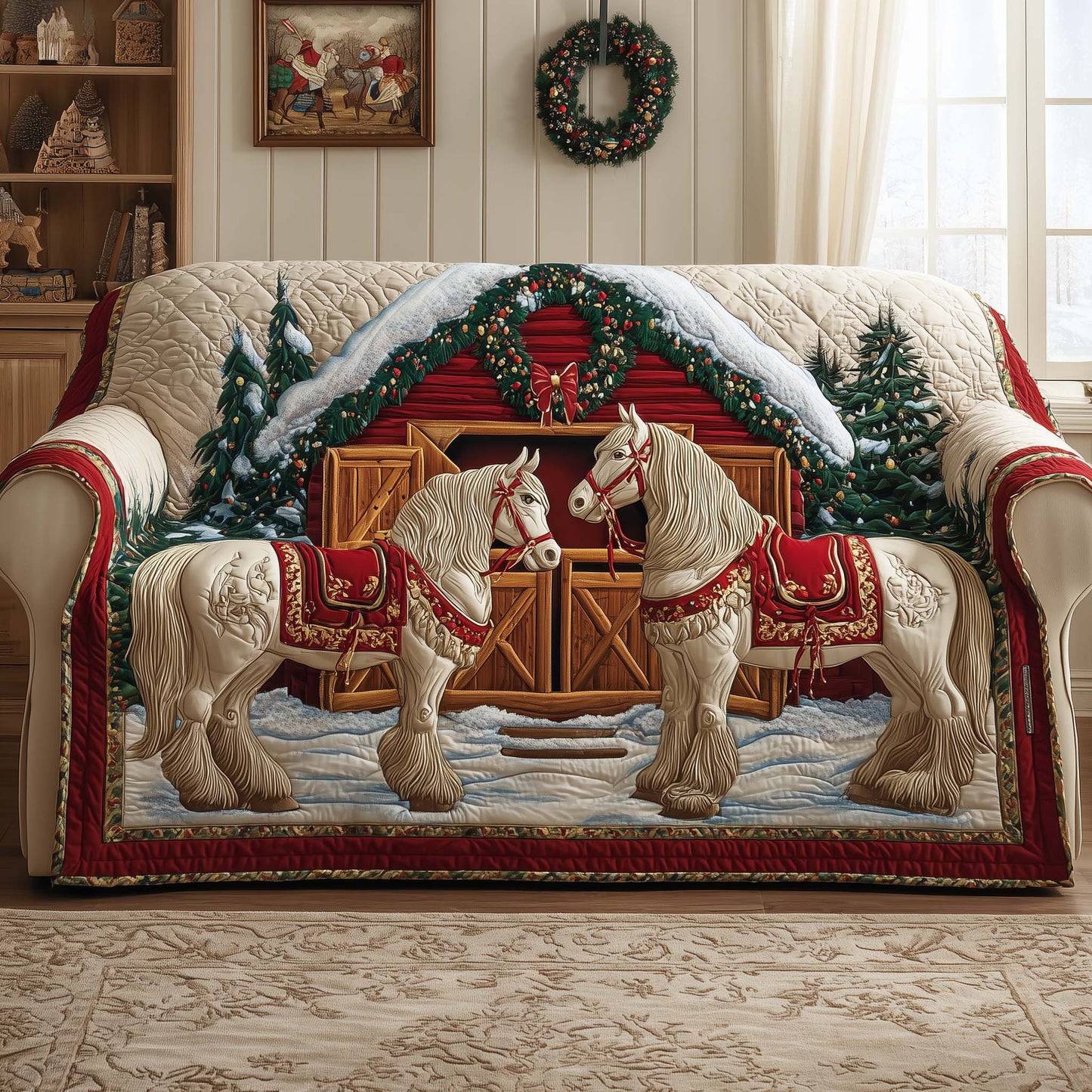 Barn Stallions Quilted Sofa Cover Festive Xmas Sofa Protector Stallions Themed Gifts Trendyhomewear - Pvr