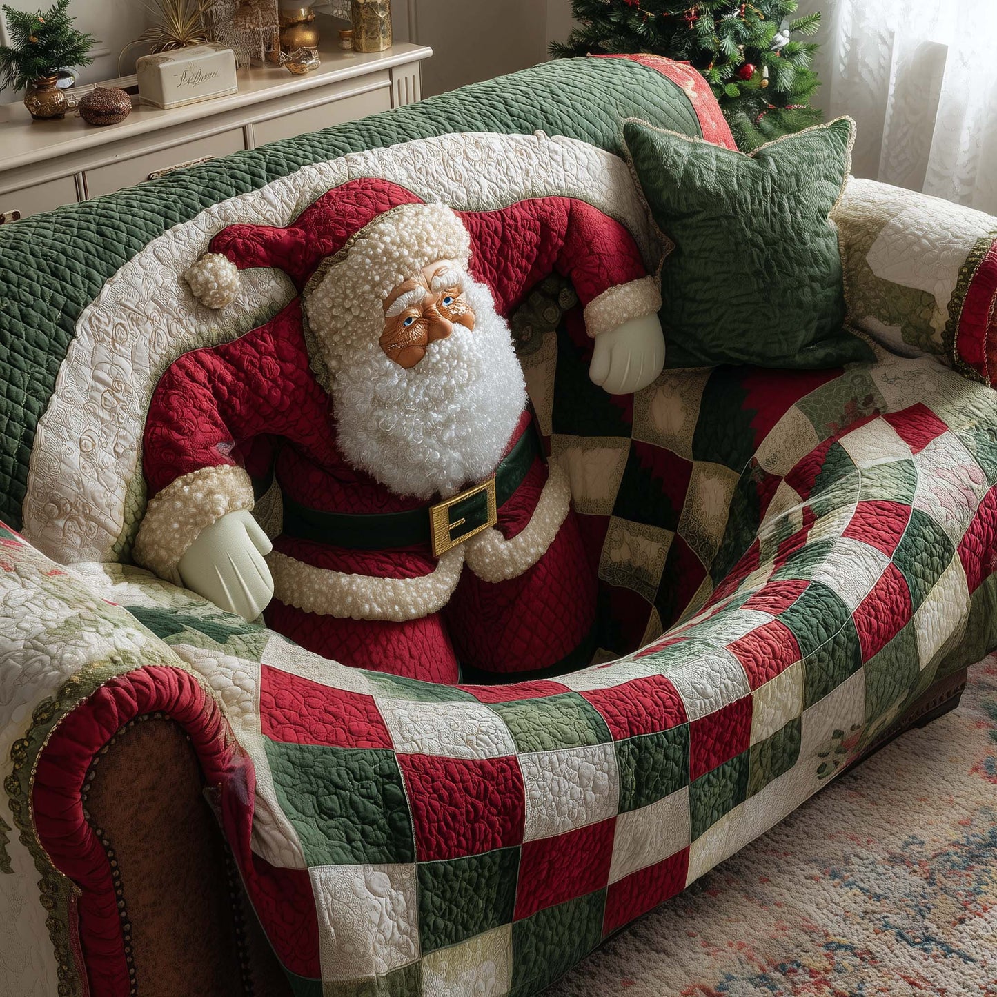 Santa Checkerboard Hole Quilted Sofa Cover Festive Sofa Protector Funny Santa Gifts For Mom Trendyhomewear - Pvr