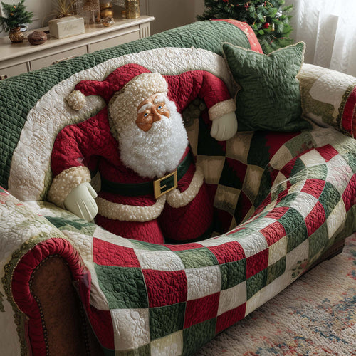 Santa Checkerboard Hole Quilted Sofa Cover Festive Sofa Protector Funny Santa Gifts For Mom Trendyhomewear - Pvr