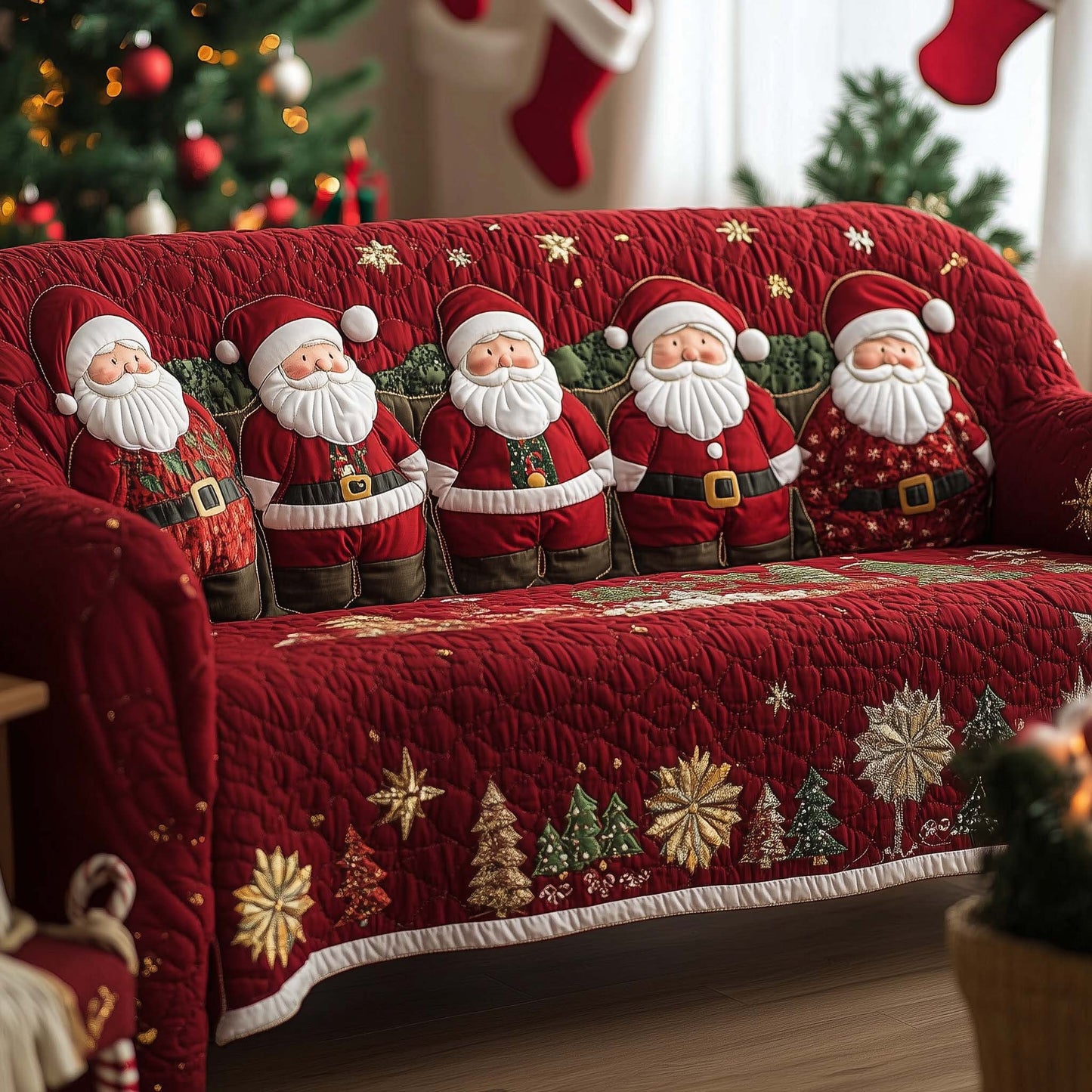 Merry Row Of Santa's Quilted Sofa Cover Cozy Holiday Sofa Decor Unusual Santa Gifts Items Trendyhomewear - Pvr
