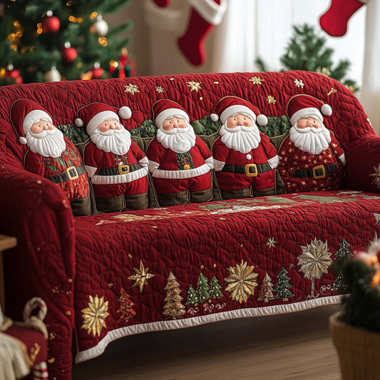 Merry Row Of Santa's Quilted Sofa Cover Cozy Holiday Sofa Decor Unusual Santa Gifts Items Trendyhomewear - Pvr