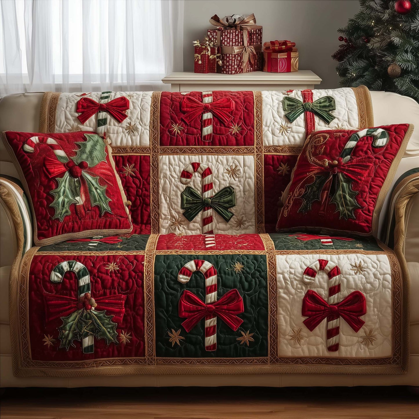Candy Cane Christmas Quilted Sofa Cover Festive Couch Protector Cool Candy Gift Ideas Trendyhomewear - Pvr