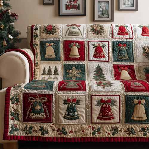Bells And Holly Christmas Quilted Sofa Cover Cozy Xmas Sofa Decor Bell Inspired Gifts Trendyhomewear - Pvr